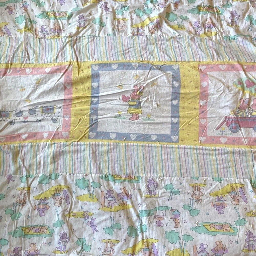 Vintage Carters Baby Blanket Bunny Cat Sheep Mouse‎ Quilt Pastel Spring Stripe